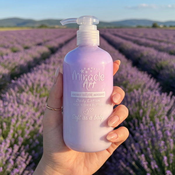 Hand applying Miracle Art Lavender Lush body lotion
