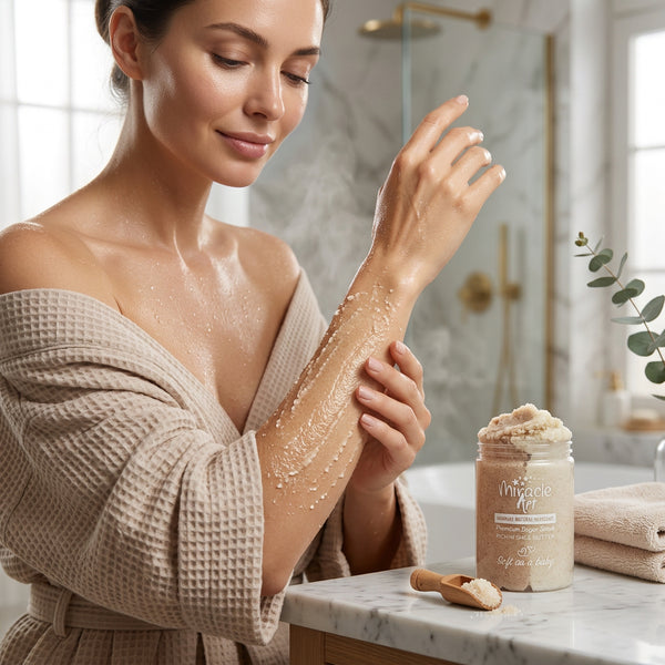 Luxury styled flat-lay of Miracle Art natural skincare products