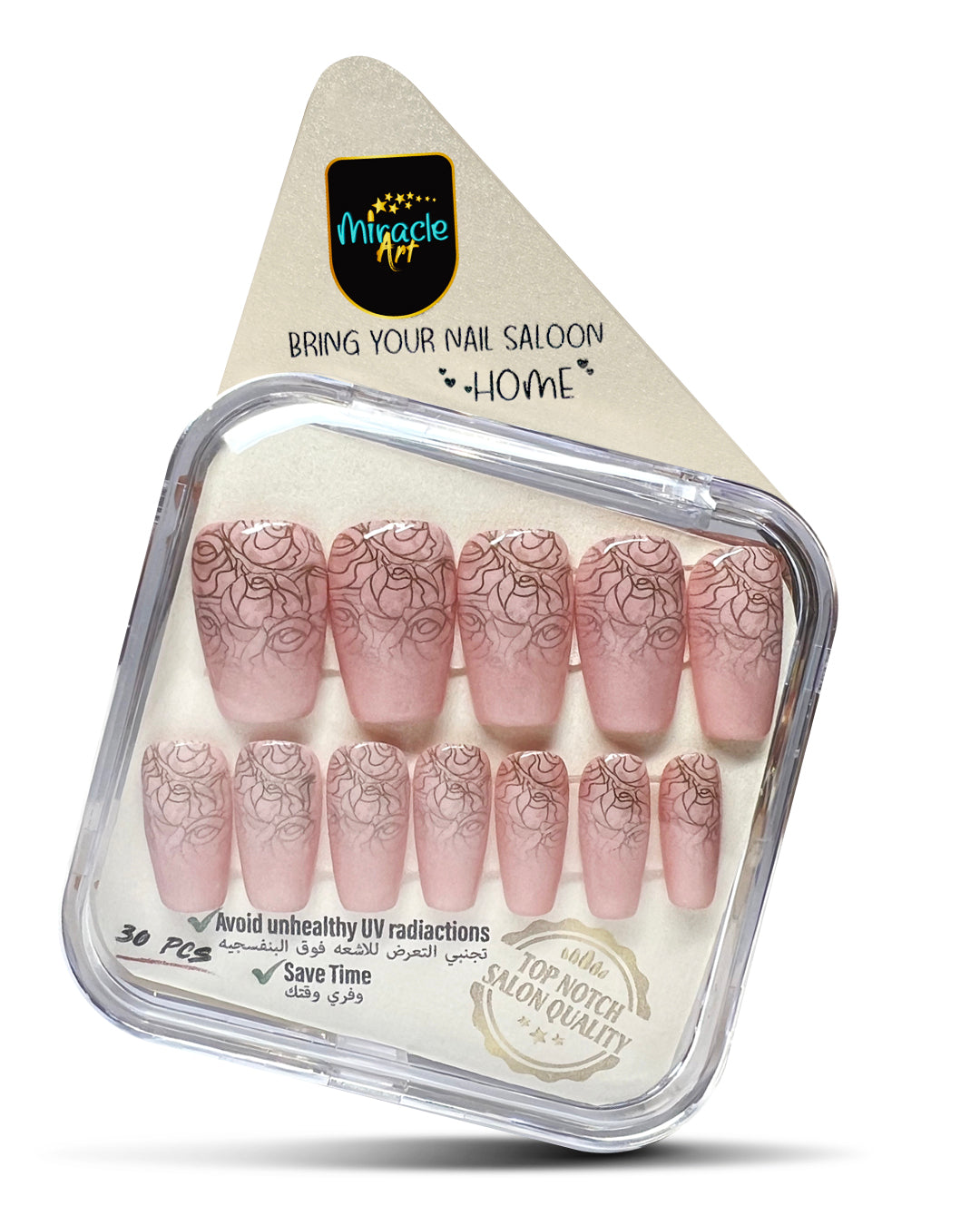Miracle Art Salon Acrylic Nails Coffin, 30 Pieces Pink Winter Flowers Co30003