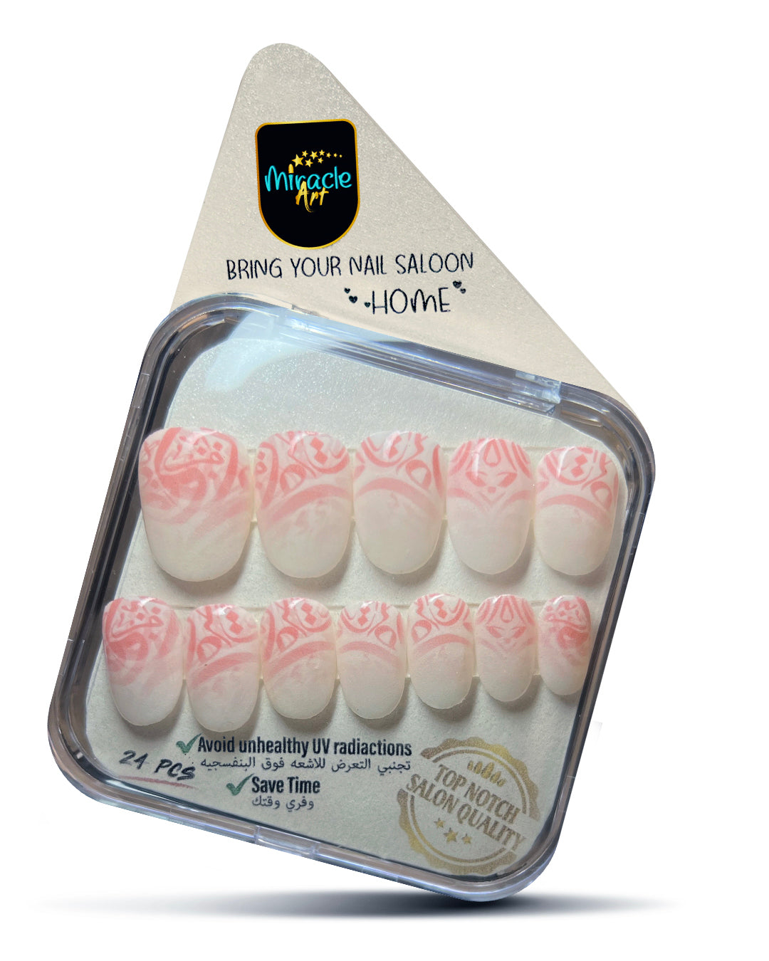 Miracle Art Salon Acrylic Nails Medium Round , 24 Pieces Pink2White Calligraphy R24009