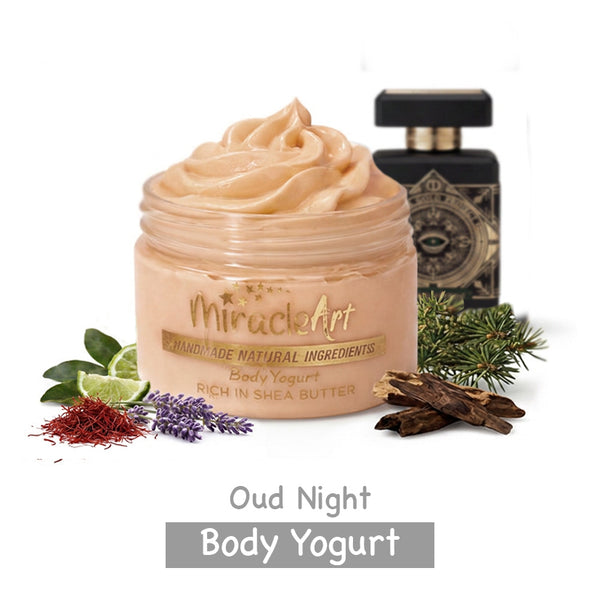 Miracle Art Oud Night Body Yogurt jar — natural lightweight moisturizer, fast-absorbing, non-greasy, handmade in UAE
