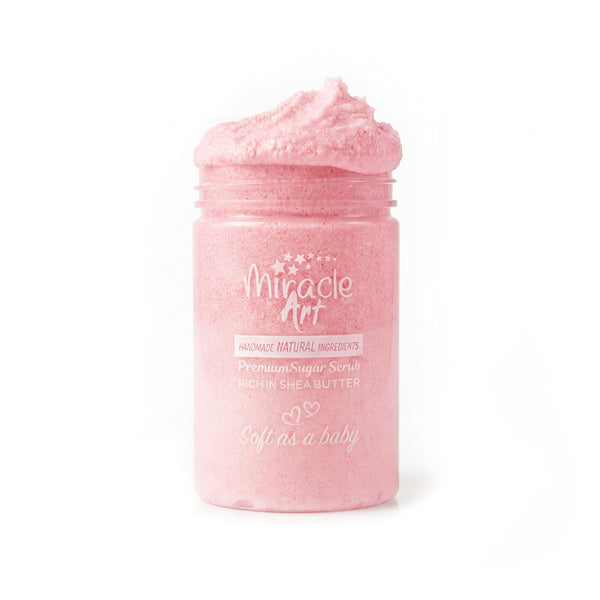 Miracle Art Rose Musk Sugar Scrub jar, natural handmade exfoliator with shea and mango butter, UAE
