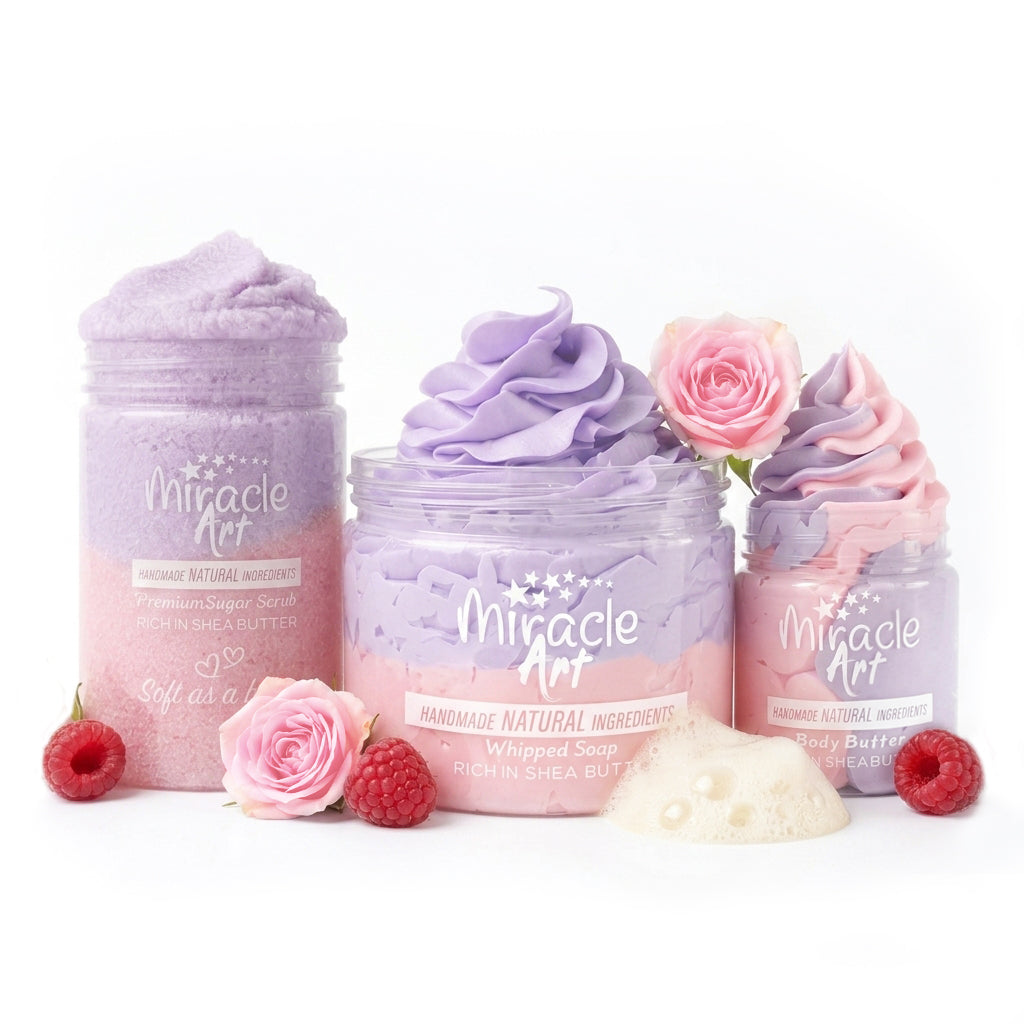 Miracle Art Velvet Raspberry & Rose 3 PCS Bundle — natural body butter, whipped soap and sugar scrub gift set, handmade UAE