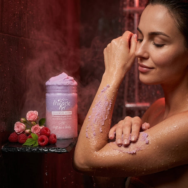 Miracle Art Velvet Raspberry & Rose Sugar Scrub — gentle exfoliator for smooth silky skin, handmade in UAE