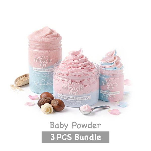 Miracle Art | 3 PCS Bundle | body butter | Sugar scrub | Whipped Soap baby powder Scent