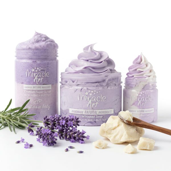 Miracle Art | 3 PCS Bundle | body butter , sugar scrub , whipped soap Lavender Lush Scent