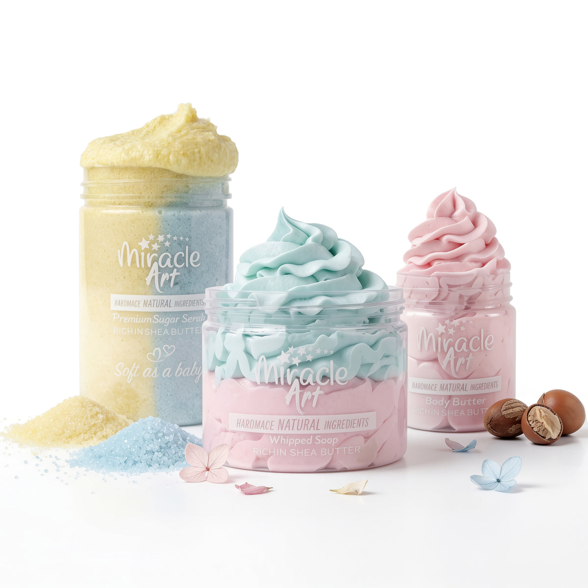 Miracle Art 3-piece skincare bundle with Strawberry Kiss body butter, Lily Blossom sugar scrub and Candy Cloud whipped soap