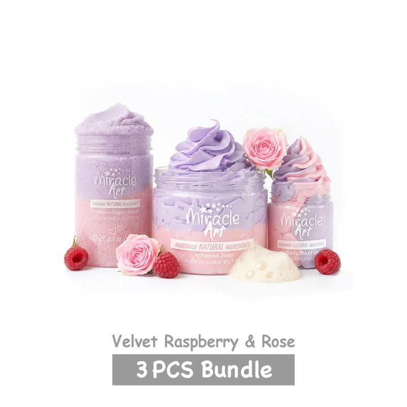 Miracle Art Velvet Raspberry & Rose 3 PCS Bundle | Body Butter, Whipped Soap & Sugar Scrub