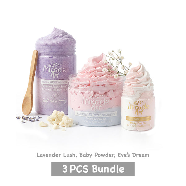 Miracle Art | 3 PCS Bundle | Eve's Dream body butter |  Lavender Lush Sugar scrub | baby powder Whipped Soap baby powder