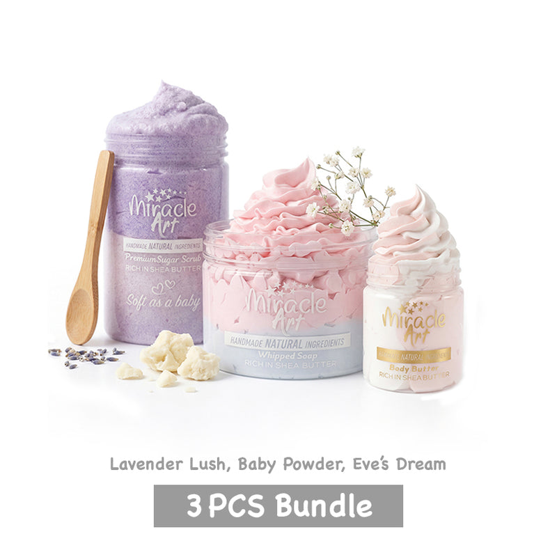 Miracle Art | 3 PCS Bundle | Eve's Dream body butter |  Lavender Lush Sugar scrub | baby powder Whipped Soap baby powder