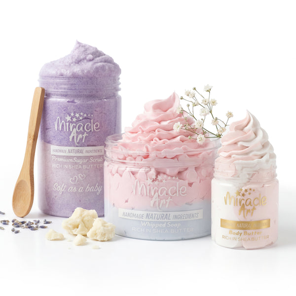 Miracle Art | 3 PCS Bundle | Eve's Dream body butter |  Lavender Lush Sugar scrub | baby powder Whipped Soap baby powder