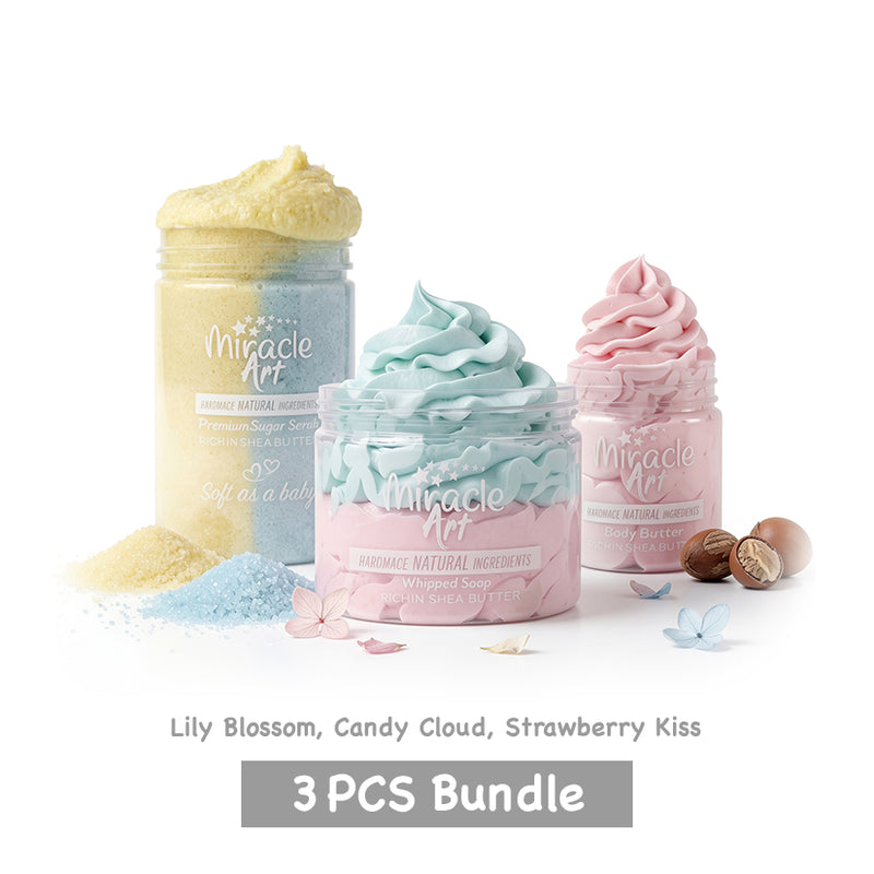 Miracle Art | 3 PCS Bundle | Strawberry Kiss body butter |  Lily Blossom Sugar scrub | Candy Cloud Whipped Soap