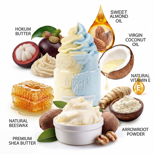 Ingredient list on Miracle Art Lily Blossom body butter jar