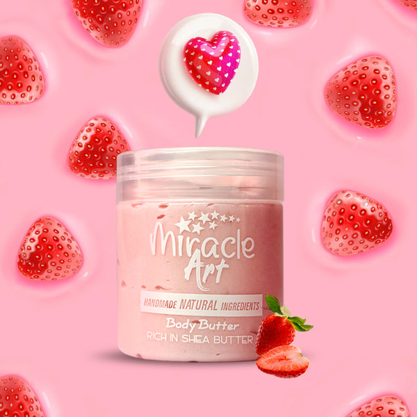 Miracle Art Strawberry Kiss Whipped Body Butter — UAE Certified Handmade Natural Moisturizer with Shea & Kokum Butter | Fresh Strawberry Scent | Sensitive Skin Safe | Fun Gift Idea