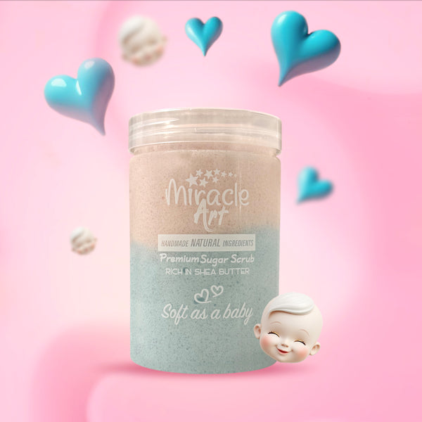 Miracle Art Baby Powder Sugar Scrub — Best Seller | UAE Certified Handmade Natural Exfoliator | Inspired by Lorenzo Teint de Neige | Shea & Mango Butter | Silky Smooth Skin