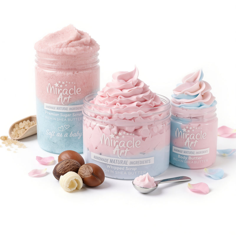 Miracle Art | 3 PCS Bundle | body butter | Sugar scrub | Whipped Soap baby powder Scent
