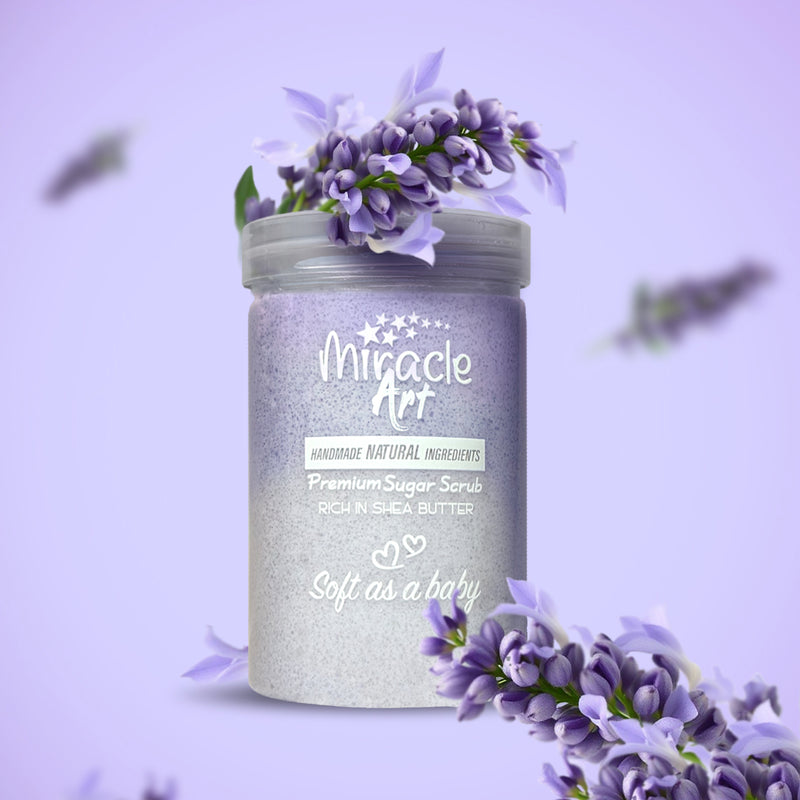 Miracle Art Lavender Lush Sugar Scrub — UAE Certified 100% Handmade Natural Exfoliator & Deep Moisturizer | Removes Dead Skin Cells | Shea & Mango Butter | Silky Smooth Skin | Calming Lavender Scent