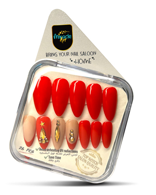 Miracle Art Salon Acrylic Nails Almond, 26 Pieces RED Gold Stone AL26001
