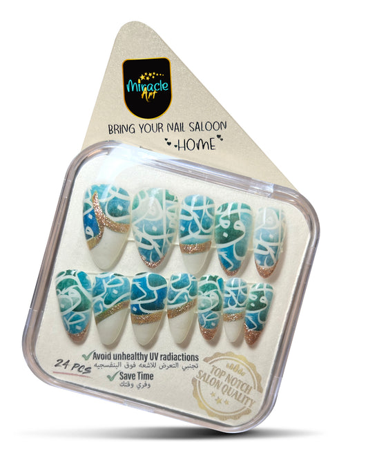 Miracle Art Salon Acrylic Nails Almond, 24 Pieces Blue Calligraphy AS24006