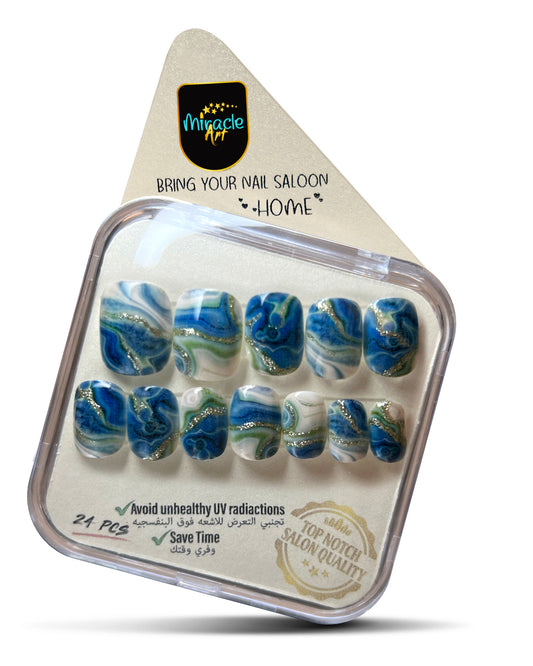 Miracle Art Salon Acrylic Nails Short Length, 24 Pieces Blue Marble SH24024