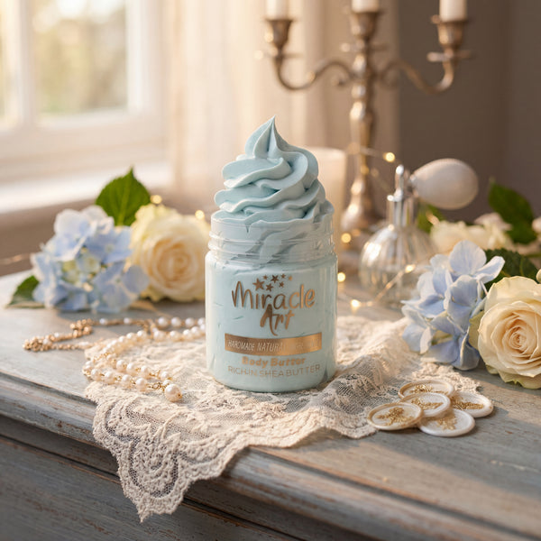 Miracle Art Blue Story Body Butter jar inspired by luxury Arabian fragrance, secondary angle