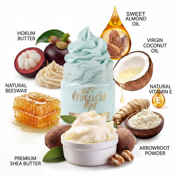 Ingredient list on Miracle Art Blue Story Body Butter jar showing shea, kokum and mango butter