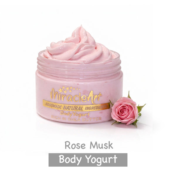 Miracle Art Rose Musk Body Yogurt jar — natural lightweight moisturizer with soft rose-musk scent, handmade in UAE