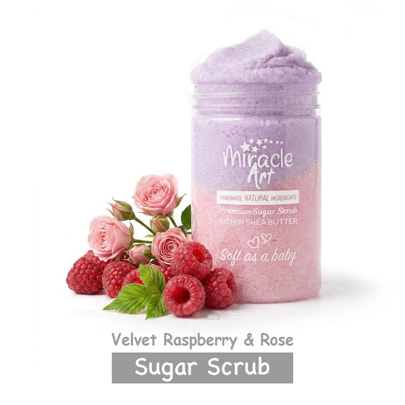 Miracle Art Velvet Raspberry & Rose Sugar Scrub jar — natural handmade body exfoliator with shea and mango butter, UAE