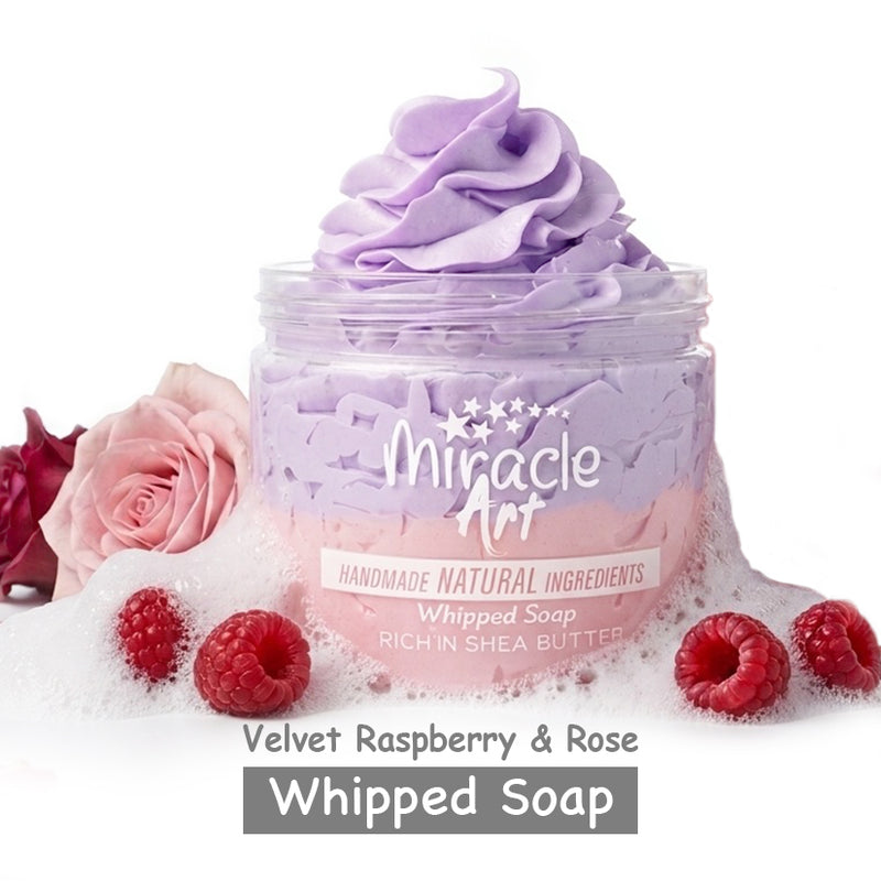 Miracle Art Velvet Raspberry & Rose Whipped Soap jar — natural fruity floral handmade body cleanser, UAE