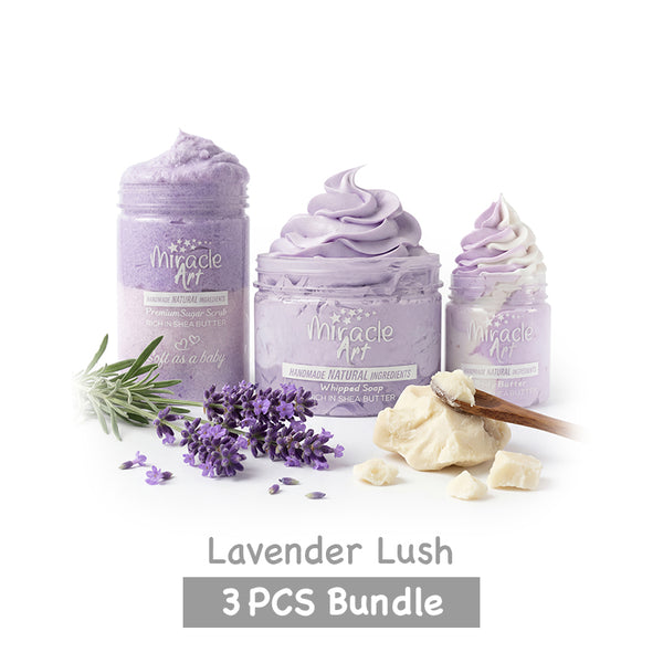 Miracle Art | 3 PCS Bundle | body butter , sugar scrub , whipped soap Lavender Lush Scent