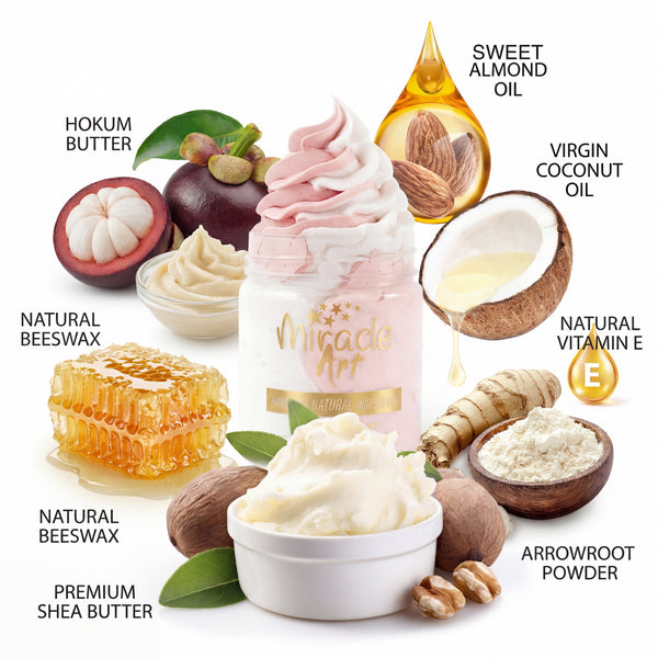 Ingredient list on Miracle Art Eve's Dream body butter jar