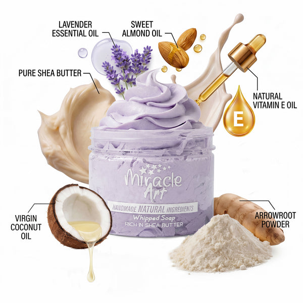 Ingredient list on Miracle Art Lavender Lush whipped soap