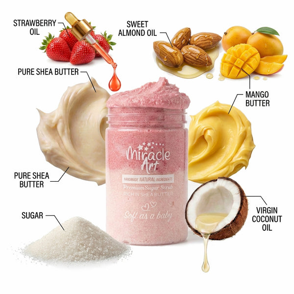 Ingredient label on Miracle Art strawberry-scented sugar scrub jar