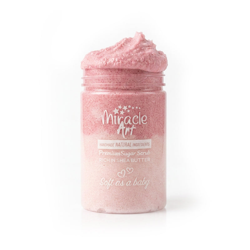 Miracle Art Strawberry Kiss Sugar Scrub — UAE Certified 100% Handmade Natural Exfoliator with Shea & Mango Butter | Fresh Strawberry Scent | Dead Skin Removal | Silky Smooth Glowing Skin | Fun Gift Idea