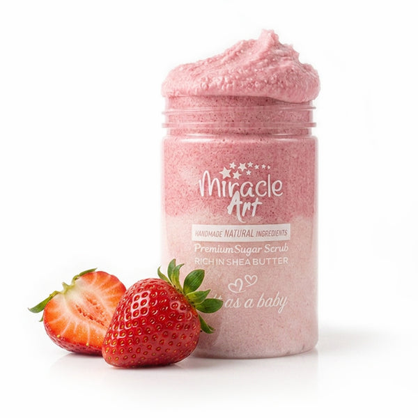 Miracle Art Strawberry Kiss Sugar Scrub — UAE Certified 100% Handmade Natural Exfoliator with Shea & Mango Butter | Fresh Strawberry Scent | Dead Skin Removal | Silky Smooth Glowing Skin | Fun Gift Idea
